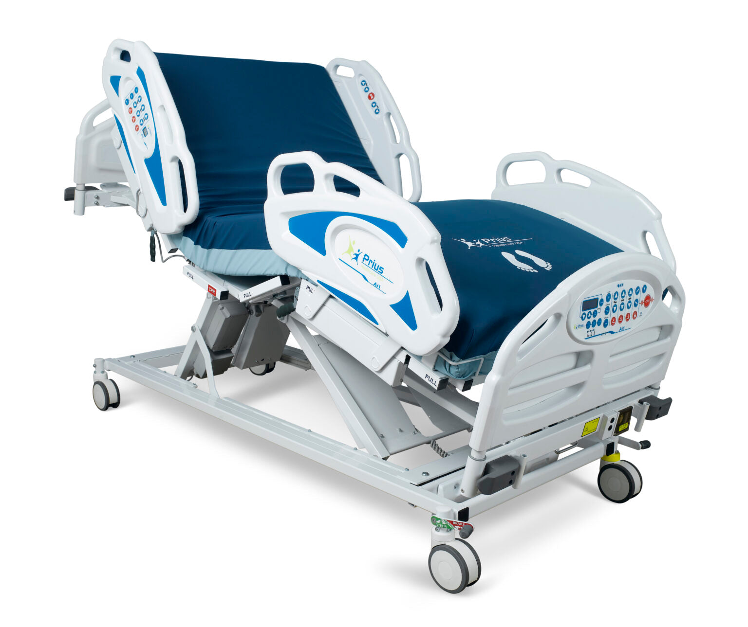 Prius Ai1 bariatric hospital bed with extra wide, high-low adjustable features for patient comfort and safety.
