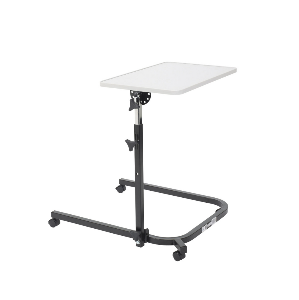 Adjustable height table with white surface on a white background