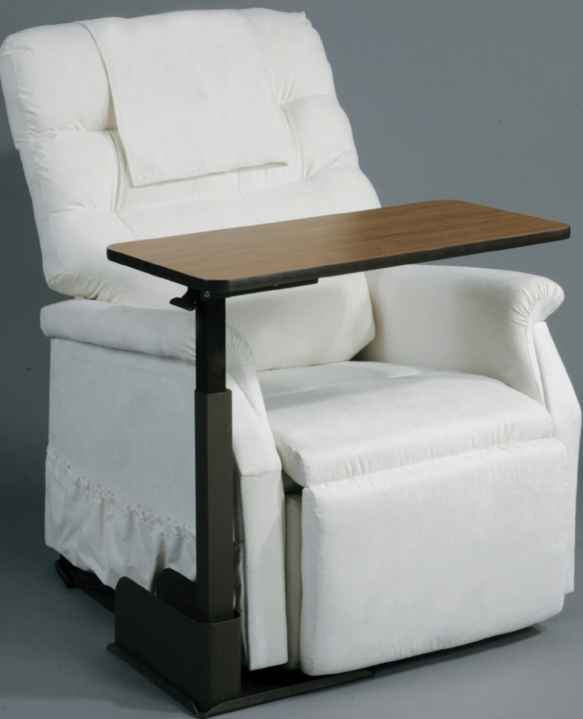 White recliner chair with a wooden tray attached to it on a gray background