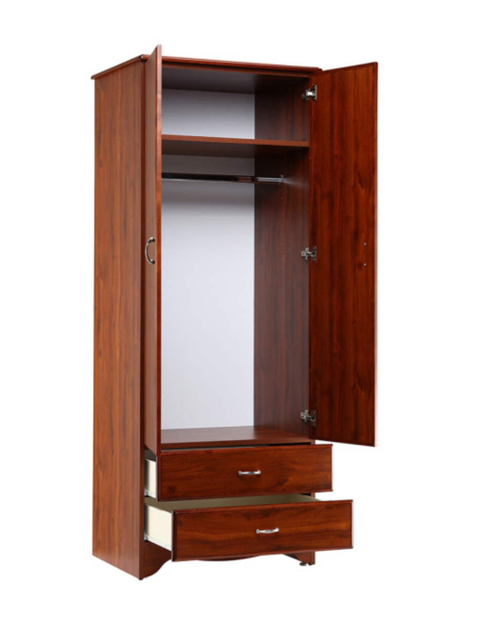 Wooden wardrobe with open doors on a white background