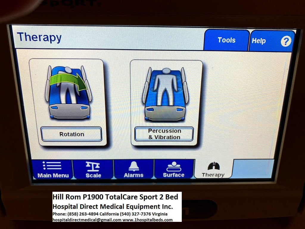 Hill-Rom-P1900-TotalCare-Sport-2- Medical equipment screen displaying therapy options with branding at the bottom.
