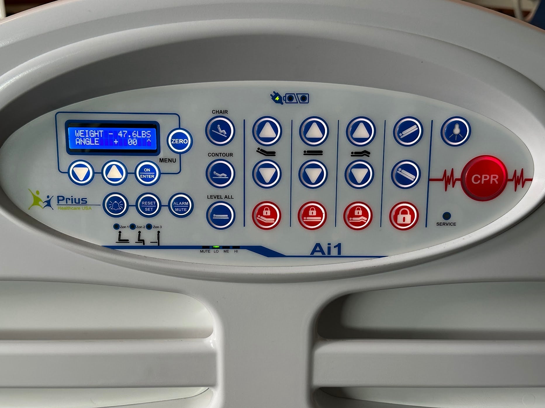 Prius Ai1 bariatric hospital bed with extra wide high low adjustable frame and side rails for patient comfort and safety.