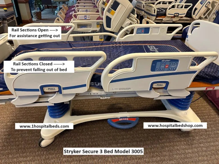 StrykerSecure3 Hospital bed with raised rails in a store setting, showing how to operate the bed.