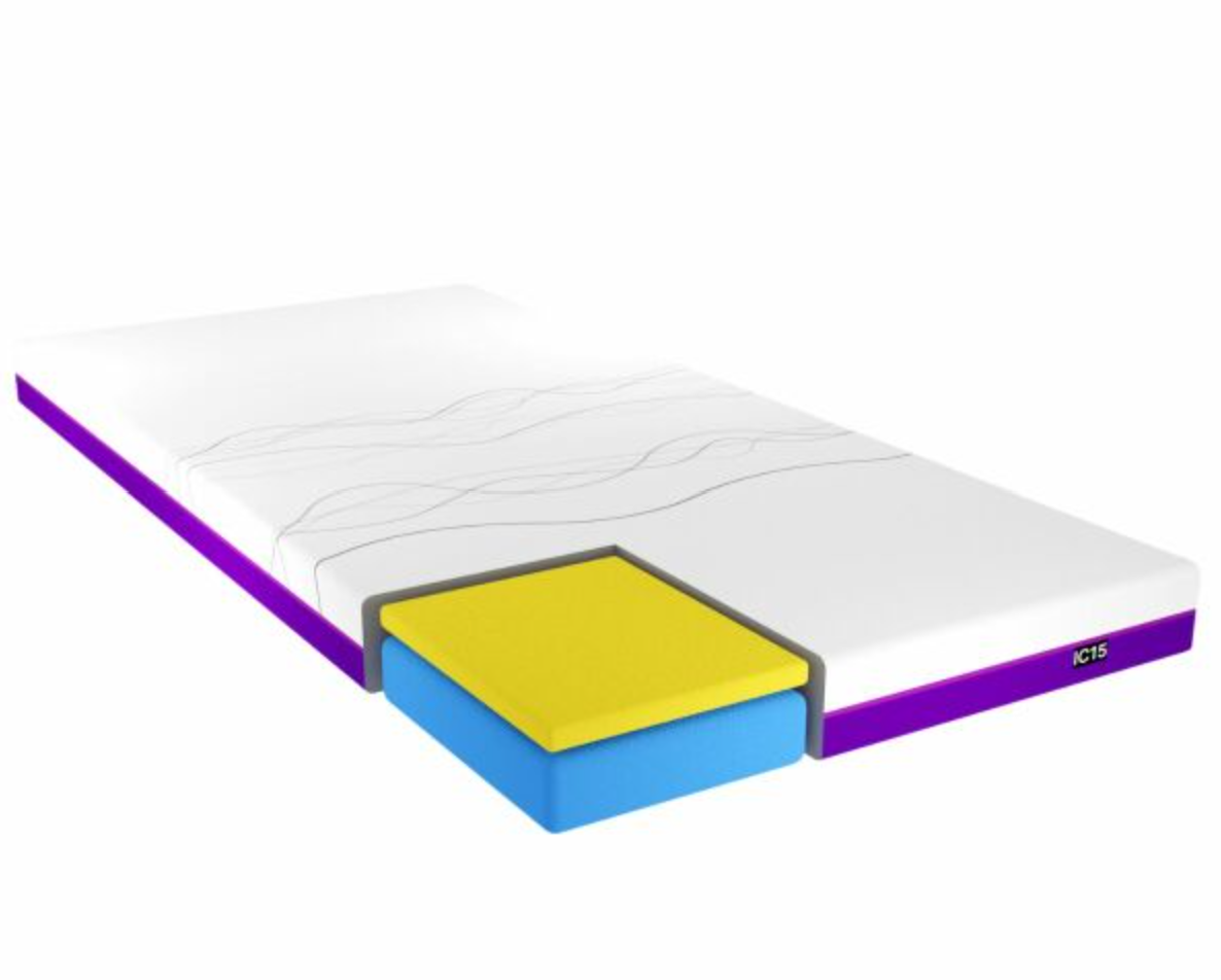 A mattress shown at an angle on a plain white background, with a cutaway view revealing layered sections in white, purple, gray, yellow, and blue. The brand name 'AC15' is visible on the side.
