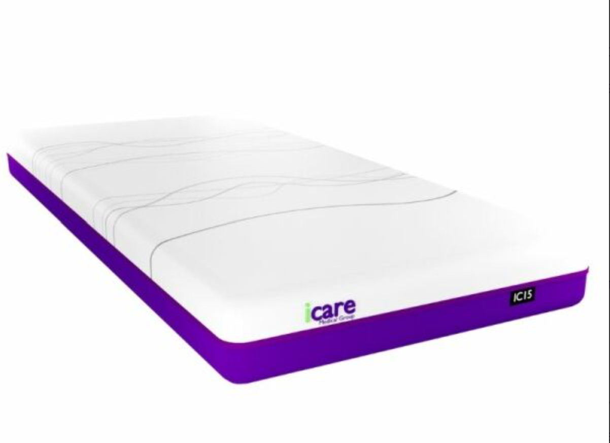 A white mattress with a purple side frame and purple base, featuring the 'i care' brand logo and model 'IC15' on the side, shown on a plain white background.