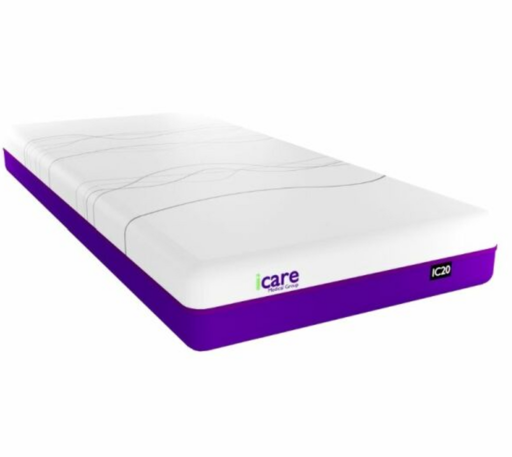 A white mattress with a purple side frame and purple trim, featuring the 'care' brand logo and an 'IC08' label on the side, set against a plain white background.